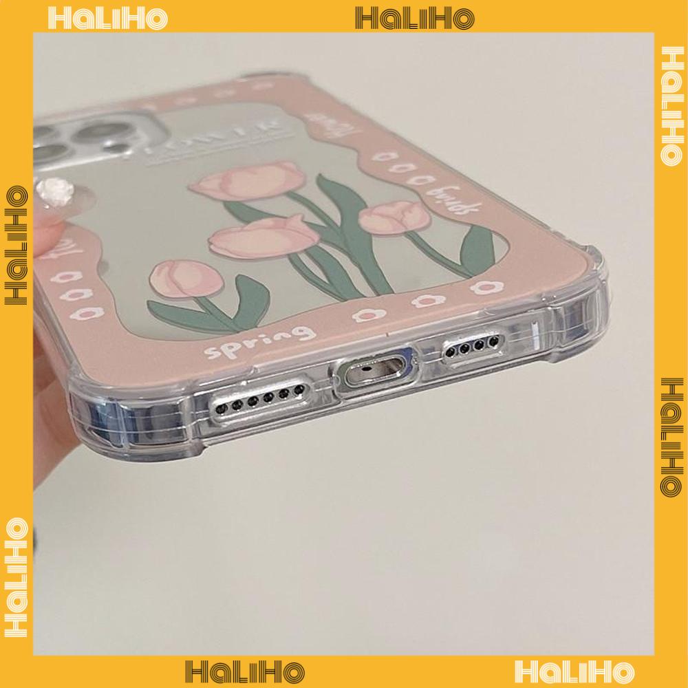 iPhone Case Acrylic HD Mirror Laser Airbag Shockproof Protection Camera Cute Pink Tulip Flower Compatible For iPhone 11 iPhone 13 Pro Max iPhone 12 Pro Max iPhone 7 Plus iPhone xr