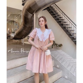 Váy Baby Doll , váy baby doll dáng xòe màu Hồng Phối Cổ Sen Trắng Cho Nữ