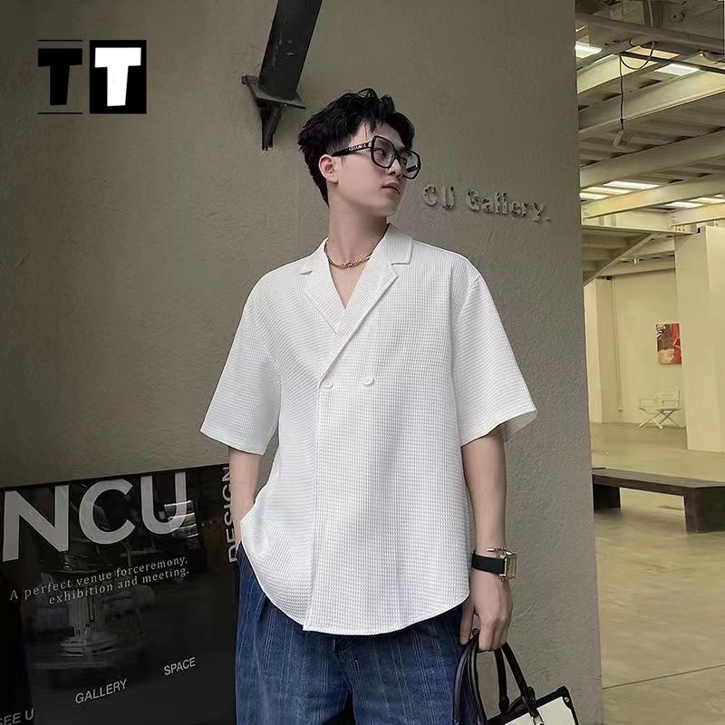 áo sơ mi nam ngắn tay Cổ chữ v chất lượng cao áo sơ mi mới màu trơn phong cách Hàn Quốc Unisex áo sơ mi loại vải mềm