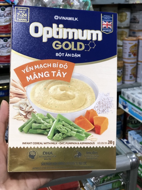 Bột ăn dặm Optimum Gold Yến mạch bí đỏ măng tây và gạo cải xoăn khoai lang nhật 200g date 8/2021