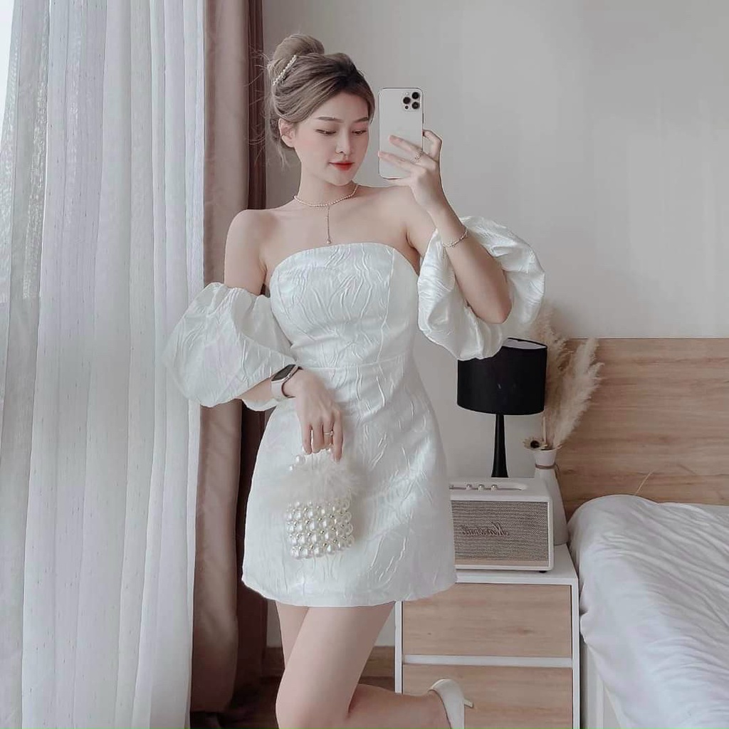 Váy đầm nữ cúp ngực tay phồng ( có mút ngực ) màu y hình chất liệu xốp gân thời trang nữ trẻ trung