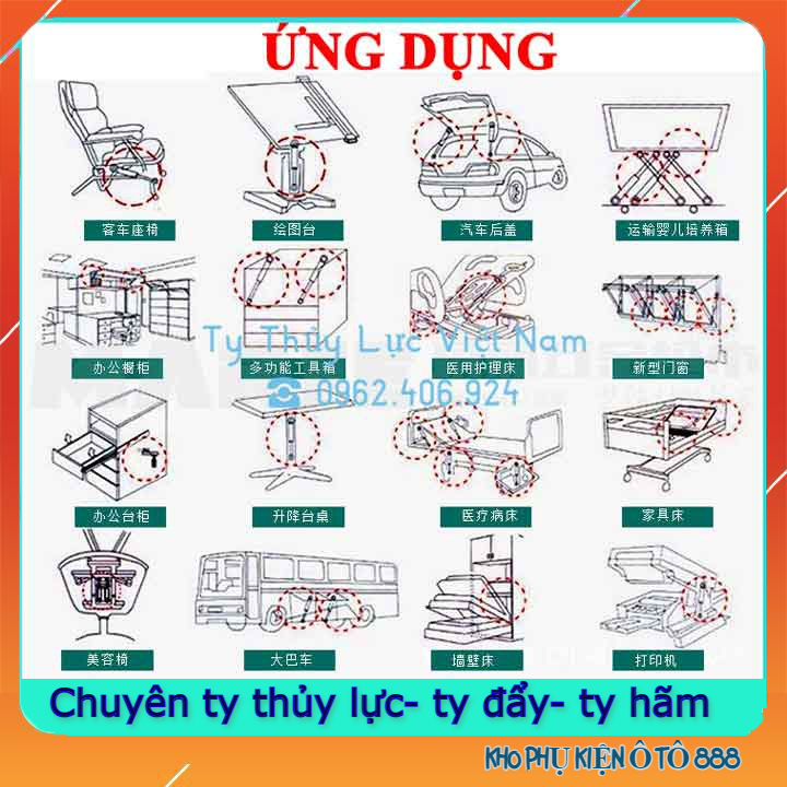 Ty chống thủy lực cốp sau, capo chịu tải 200N (20kg) chiều dài từ 20-70cm (giá/ 1chiếc)