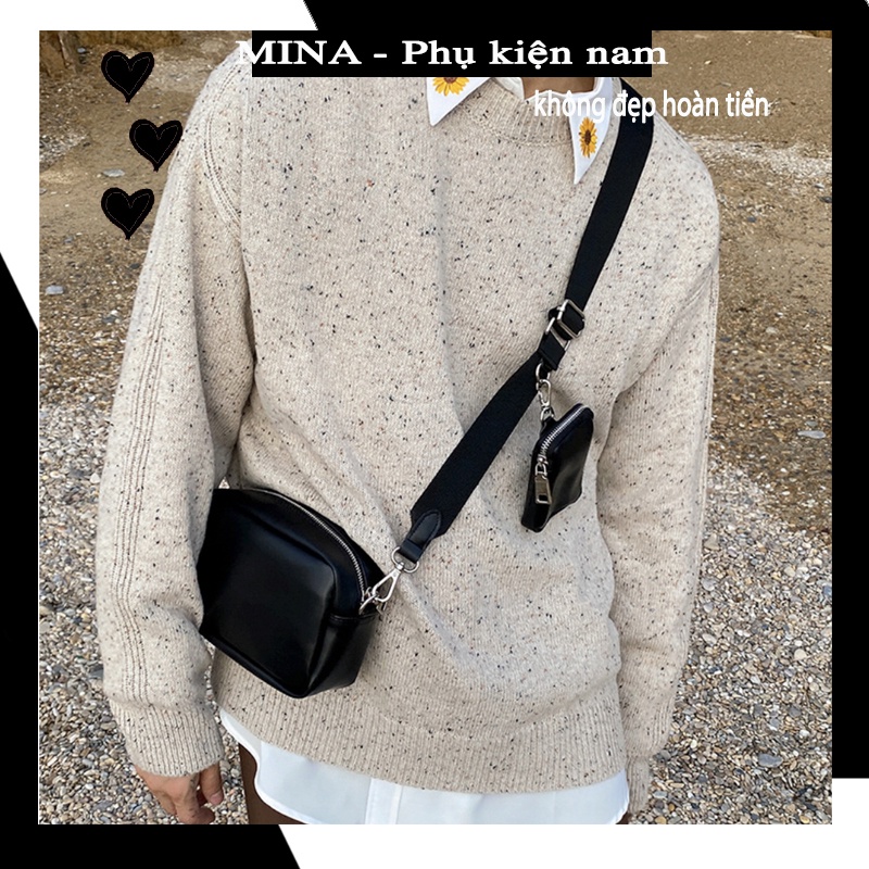 Túi đeo chéo nam trơn điệu 2 túi to nhỏ giỏ thời trang Hàn Quốc da xịn bóng Minagram
