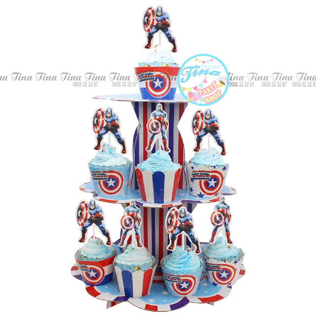 Set trang trí sinh nhật bé trai Bộ phụ kiện chủ đề Captain American siêu nhân mini - mega - Happy birthday