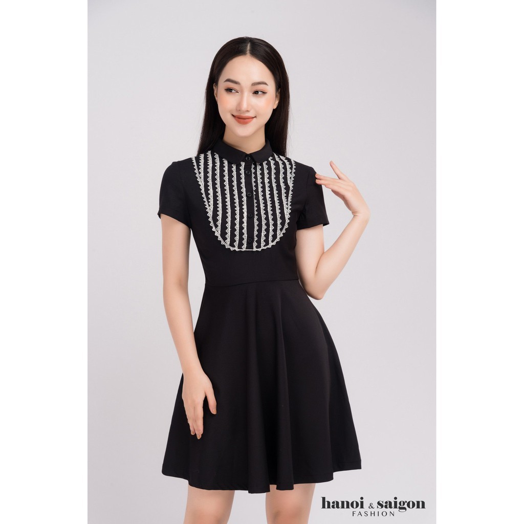 Đầm Nữ Đen 🍀 FREESHIP 🍀 Váy Xoè Đen Cổ Sơ Mi Ren Ngực DA247