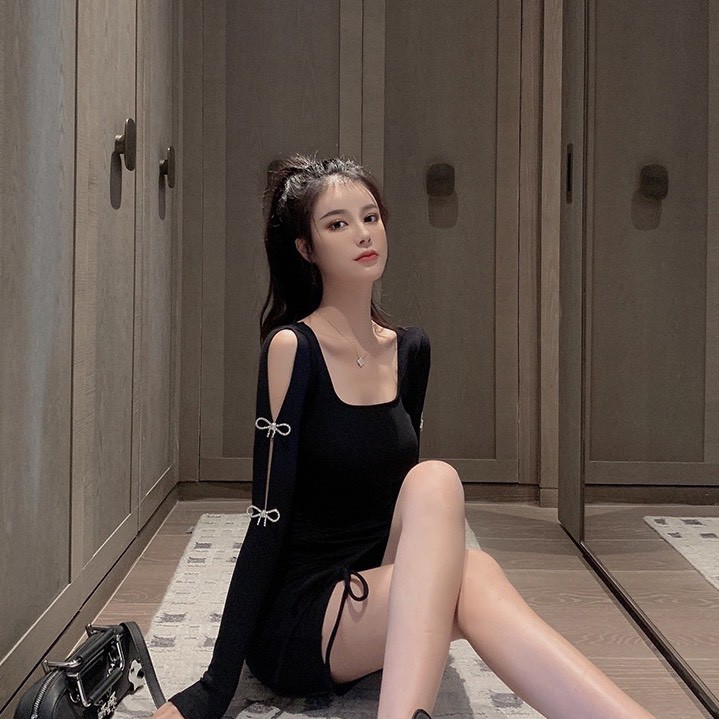 Váy Body Dây Rút Tay Dài Đính Nơ Đá LSEOUL V0763