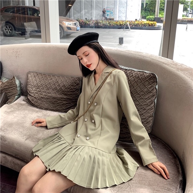 Đầm váy ulzzang xanh ngọc cổ vest 2 hàng nút xếp li chân