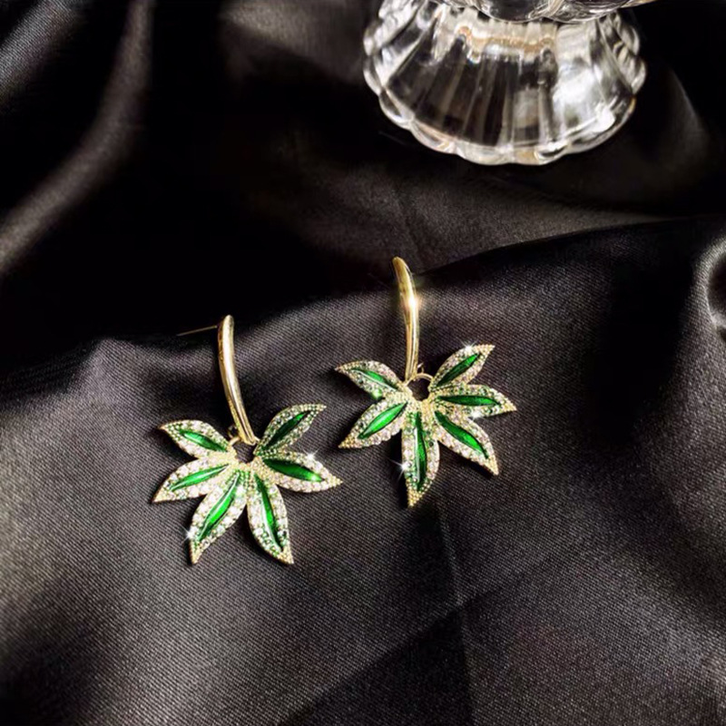 GREEN LEAF Đôi Bông Tai Mạ Bạc 925 Hình Chiếc Lá Đính Đá Thời Trang Cho Nữ