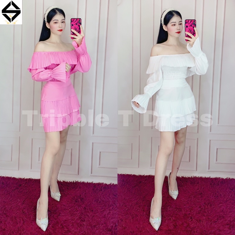 Sét đầm bẹt vai xếp ly bèo + CV tầng hồng sen siêu yêu TRIPBLE T DRESS - Free size dưới 54kg