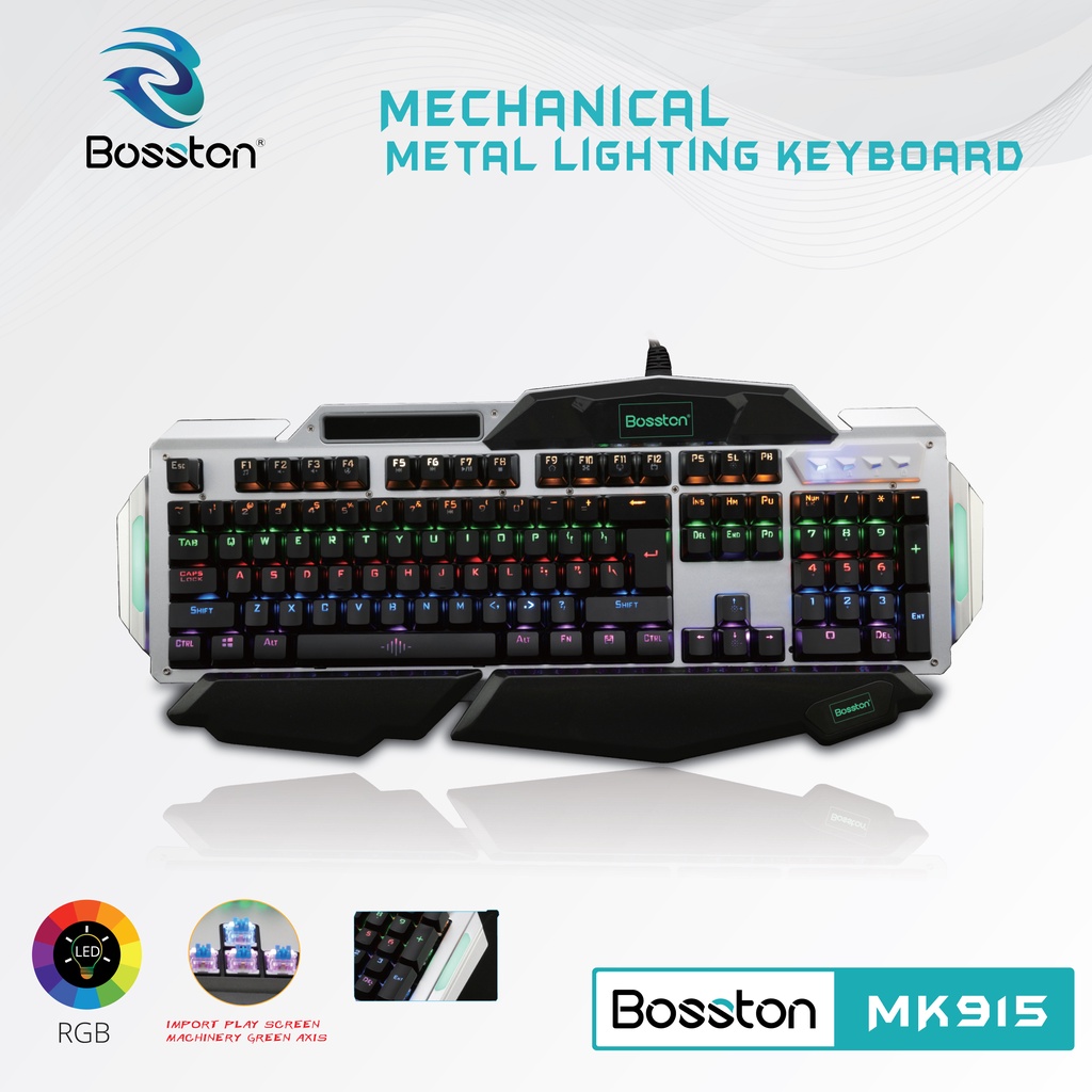 Bàn phím cơ blue switch cao cấp Bosston MK915 chuyên game - 10 kiểu đèn led (Đen bạc) - Hãng phân phối chính thức