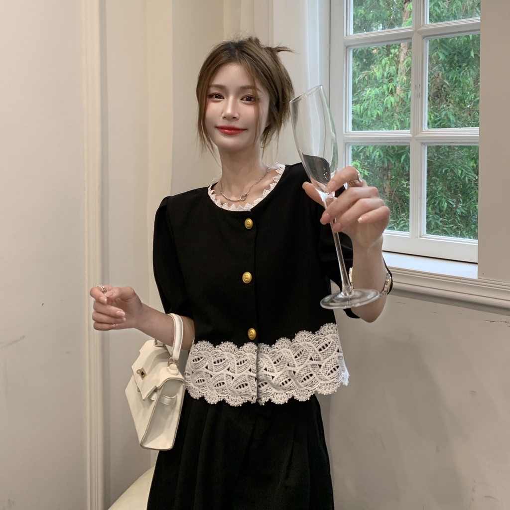 Áo lửng SUXI ngắn tay phối ren thời trang mùa hè dành cho nữ