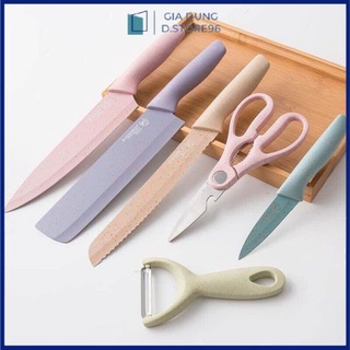 Bộ dao lúa mạch kháng khuẩn 6 món hộp đựng cao cấp, set dao 6 chi tiết lúa mạch dụng cụ nhà bếp