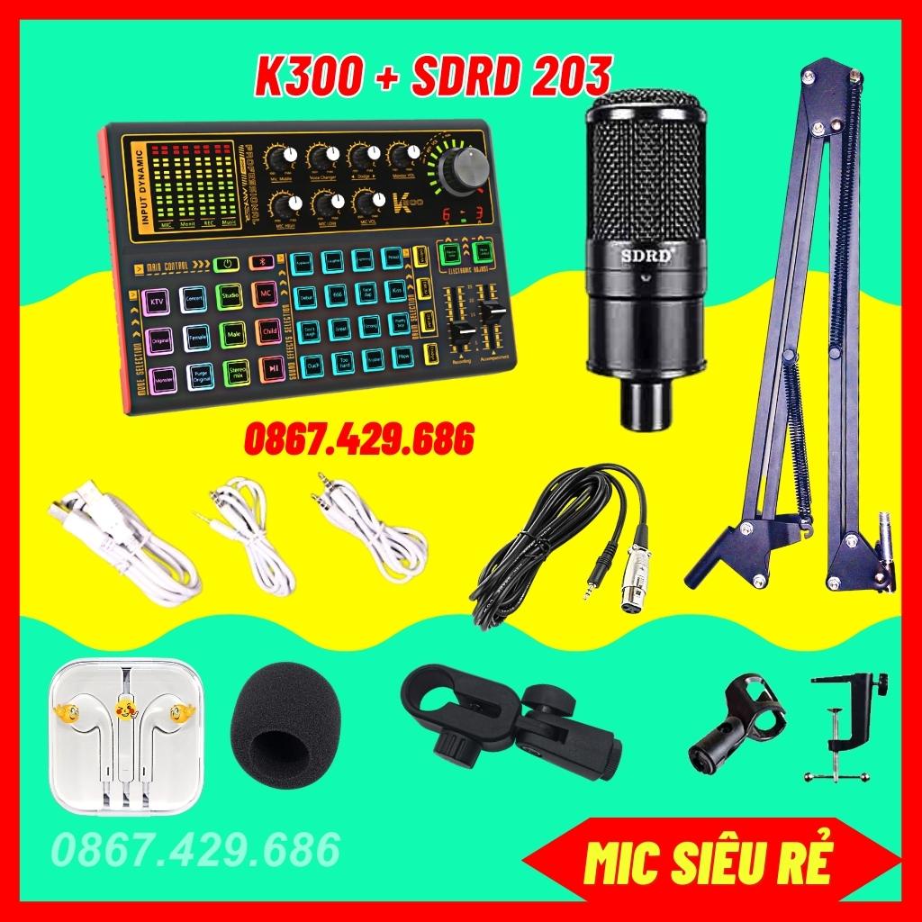 Bộ Mic Thu Âm SDRD203 Sound Card K300 Bluetooth Có Hiệu Ứng Giả Giọng, Vỗ Tay Tiếng Cười