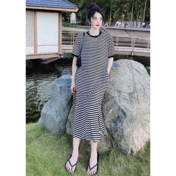Váy Suông Kẻ Dáng Dài Chất Cotton Co Dãn From Rộng Bầu Mặc Xinh