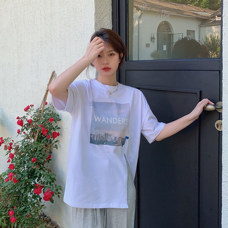 Áo thun IELGY ngắn tay xẻ tà in họa tiết phong cách Hàn Quốc dành cho nữ