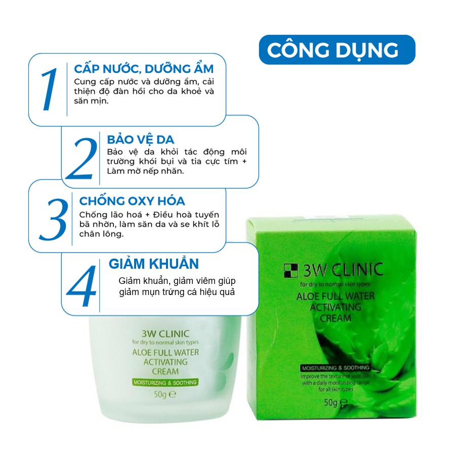 Kem dưỡng trắng da cấp nước tinh chất lô hội 3W Clinic Aloe Full Water Activating Cream Hàn Quốc 50ml