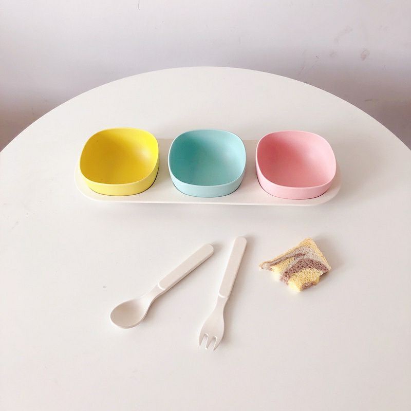 Set khay bát thìa dĩa sợi tre 6 món cho bé ăn dặm, siêu xinh và tiện lợi