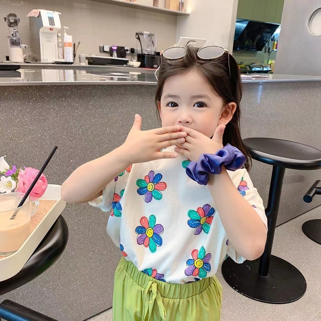 Áo Thun Tay Ngắn Chất Liệu Cotton In Họa Tiết Phong Cách Hàn Quốc Cho Bé Gái