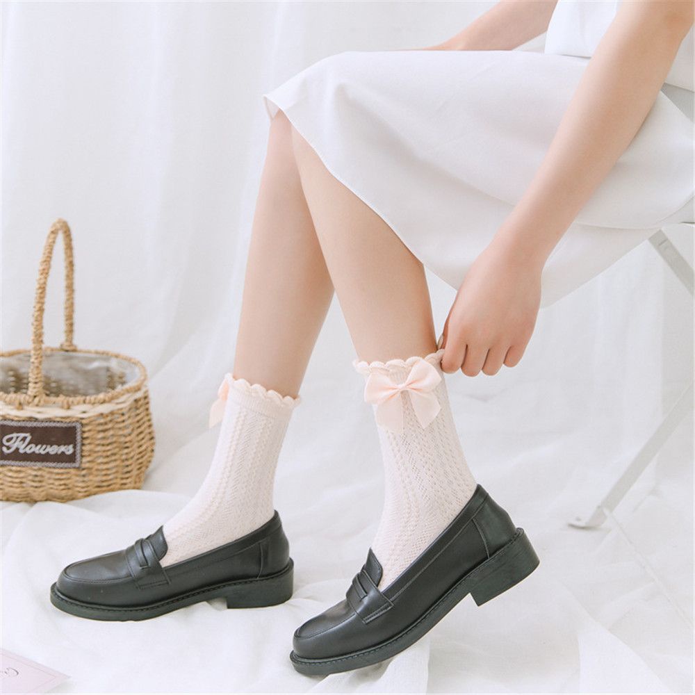 Vớ cotton mềm mại phối ren đính nơ phong cách Lolita Nhật Bản dành cho bé gái