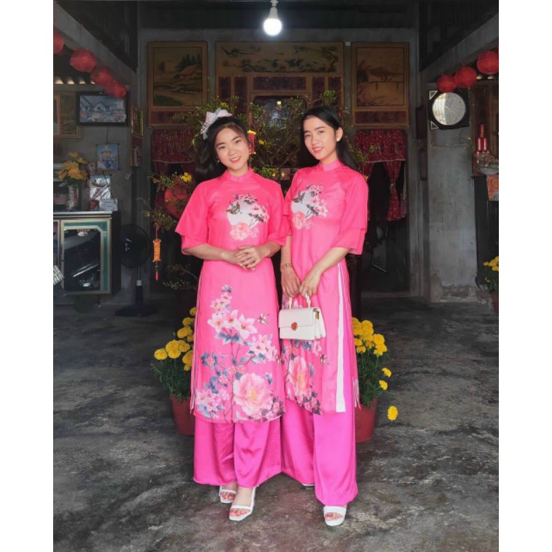 ÁO DÀI OGANZA TƠ HỒNG TAY ĐÔI TIỂU THƯ - KÈM ẢNH THẬT