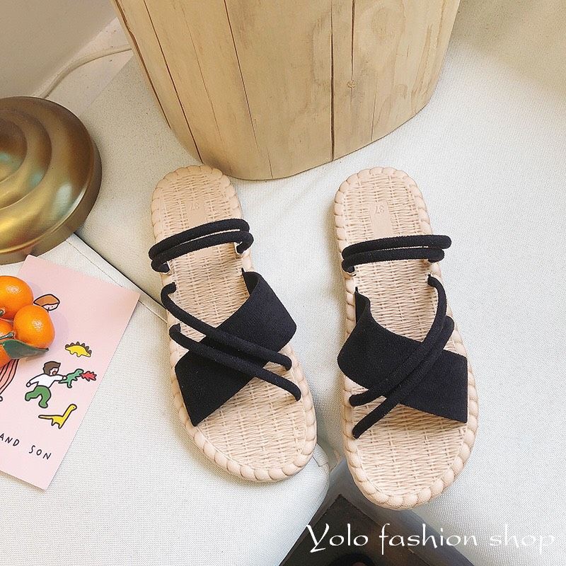 CS4_Dép nữ sandal quai chéo đế giả cói vintage siêu mềm êm chân