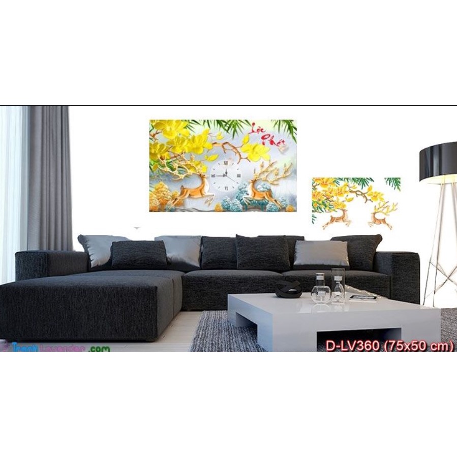 TRANH ĐÍNH ĐÁ ĐỒNG HỒ HƯƠU NAI TÀI LỘC LV360  Kích Thước: 75 x 50 cm