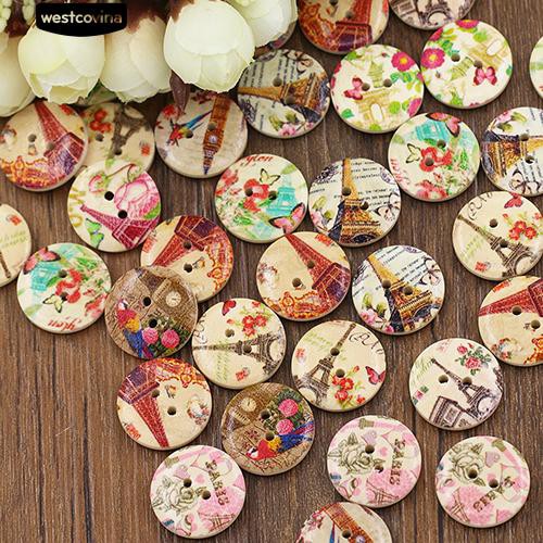 Set 50 nút gỗ 2 lỗ họa tiết tháp Eiffel chuyên dụng cho thợ làm đồ thủ công