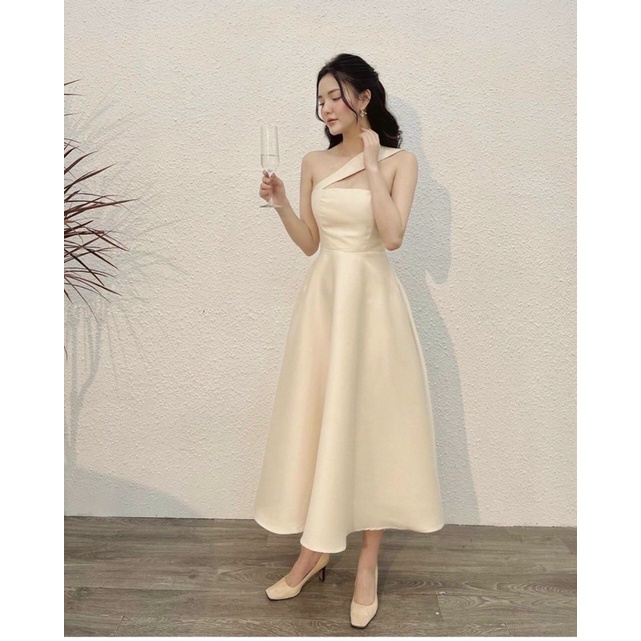 ĐẦM MIDI NUDE CHÉO VAI