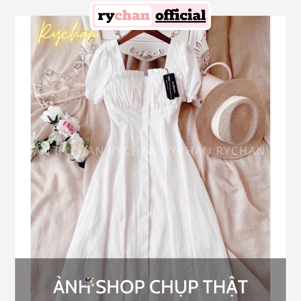 Đầm Xoè Trắng Cổ Vuông Xếp Ngực Tay Bo Phồng - DX0125