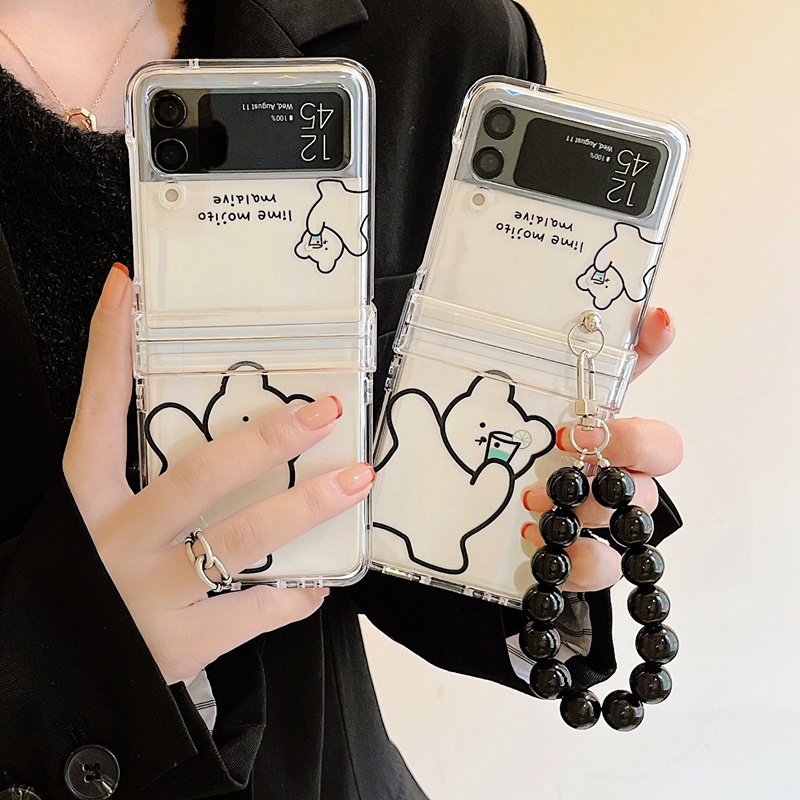 Ốp Điện Thoại Cứng Trong Suốt In Hình Gấu Dễ Thương Kèm Dây Đeo Cho Samsung Galaxy Z Flip 3 Z Flip3 ZFlip3 ZFlip 3