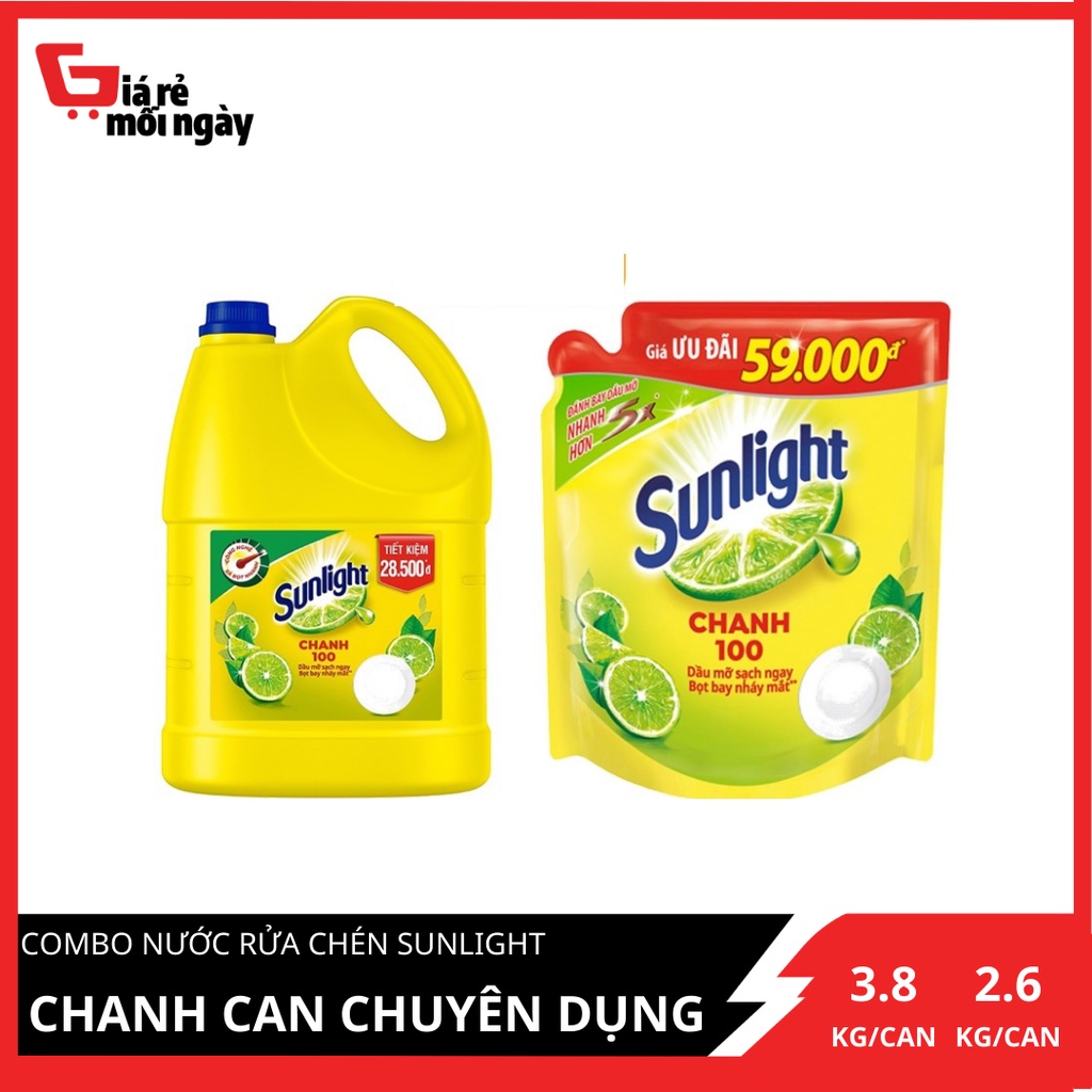 COMBO Nước rửa chén Sunlight Chanh 100 Can 3.8kg và Túi 2.6kg