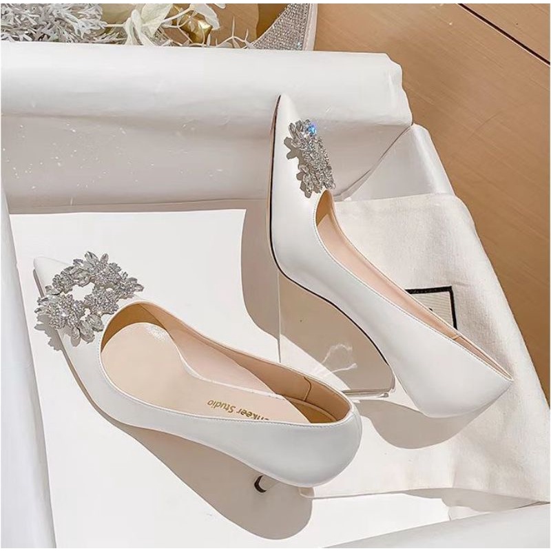 x Giày Cưới Cao Gót 9p Nơ Đá Hàng Xịn Mềm Êm Fullbox Cao Cấp