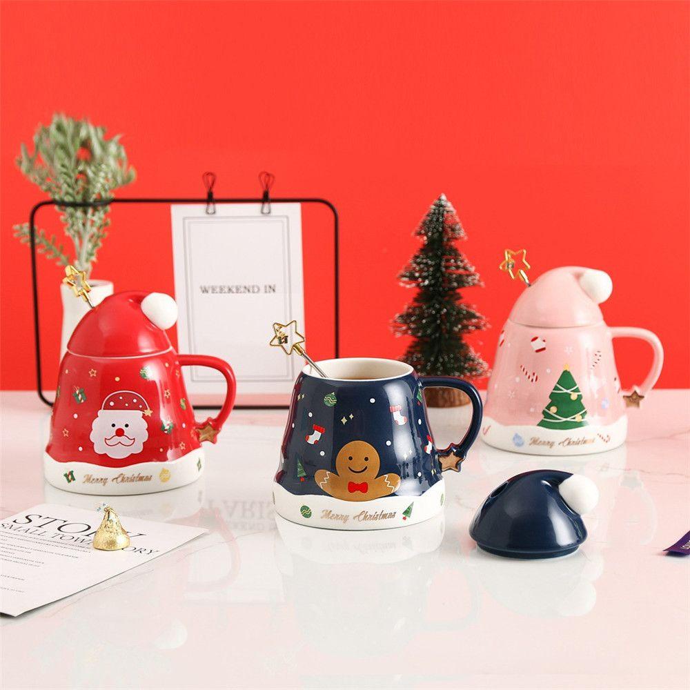 Cốc Sứ Uống Trà Cà Phê Có Nắp Đậy In Hình Ông Già Noel