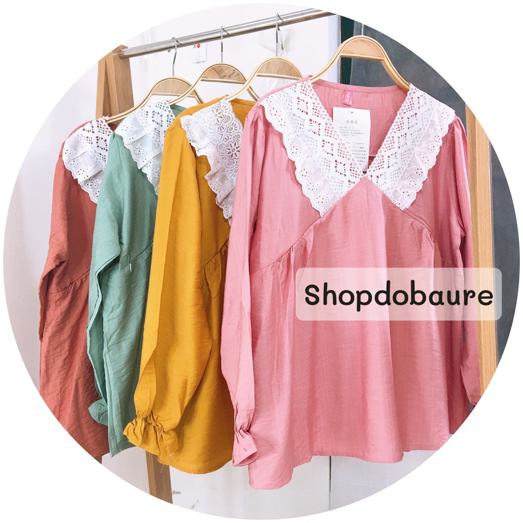 Bộ bầu và sau sinh vải đũi,cổ ren dài tay có khóa kéo cho bé bú sau sinh