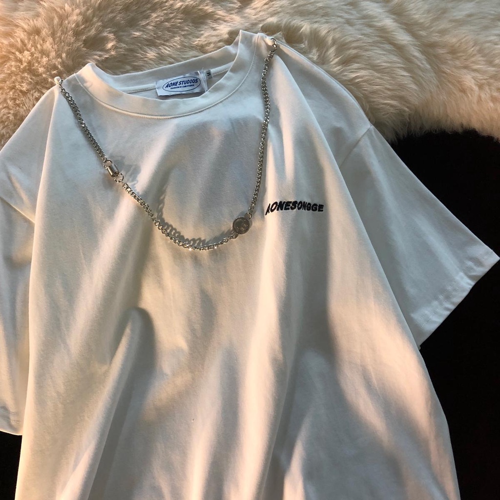 Áo Thun Tay Ngắn Phối Dây Xích Phong Cách Hip Hop Đường Phố Thời Trang Cho Nữ