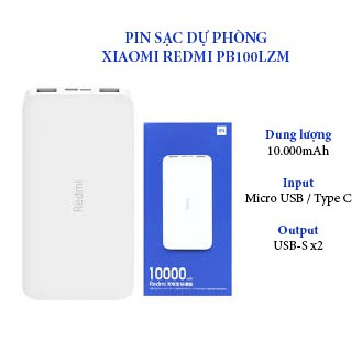 [Kèm dây cáp] Pin sạc dự phòng Xiaomi Redmi 10000MAH PB100LZM dung lượng lớn cao cấp