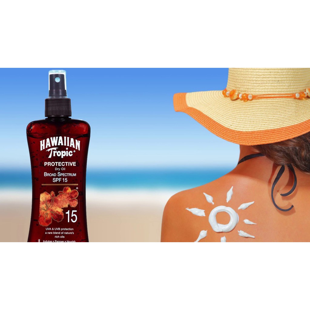 Dầu tắm nắng &amp; bảo vệ da Hawaiian Tropic Sunscreen Protective Tanning Dry Oil Sunscreen Spray SPF 15 236ml (Mỹ)