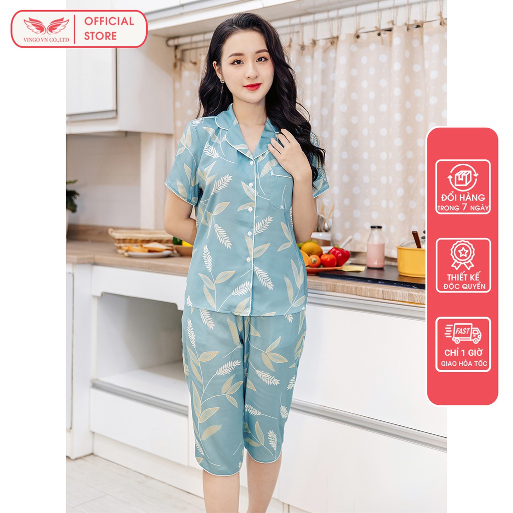 Đồ bộ nữ Pijama mặc nhà mùa Hè VINGO lụa Pháp mềm mát tay cộc quần lửng họa tiết lá cây nền xanh nhã nhặn H338 VNGO