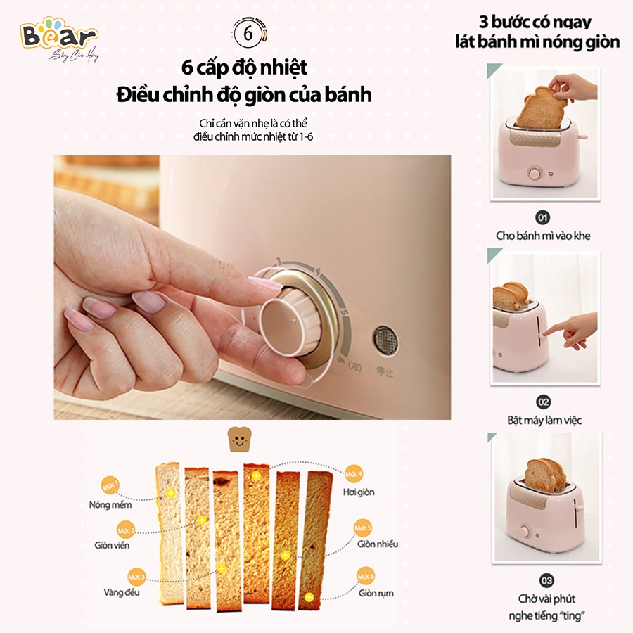 [Bear Chính Hãng] Máy Nướng Bánh Mỳ Bear DSL-601 màu hồng với  6 cấp độ nướng từ nóng mềm, giòn viền đến giòn rụm