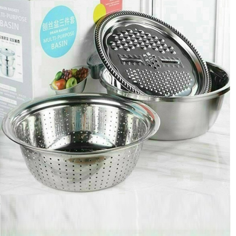 Rổ Nạo Củ Quả Đa Năng 3 trong 1 Chất Liệu Inox Có Thể Nạo Gọt Bào Sợi