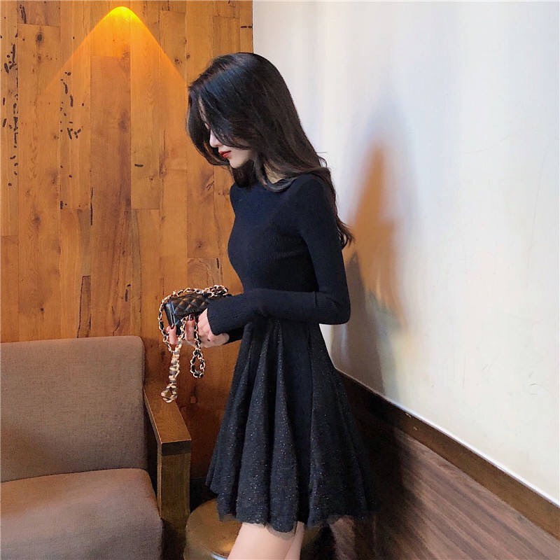 Váy len ôm dáng xòe dài tay/ đầm cổ tròn voan đuôi dáng ngắn xinh xắn V00143