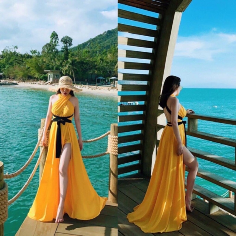 Đầm maxi vàng phối dây đen khoe lưng sang chảnh kèm hình thật video