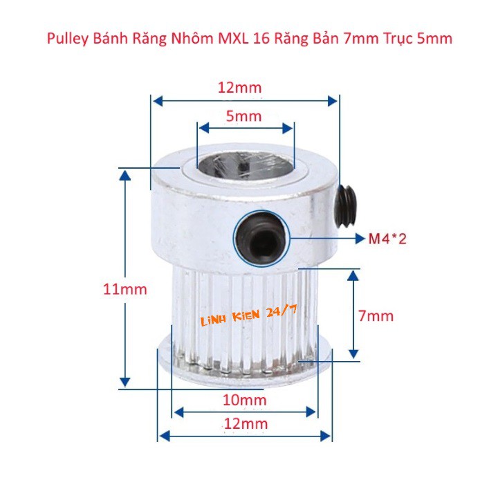 Puly Bánh Răng Nhôm MXL 16 Răng Bản 7mm Trục 5mm