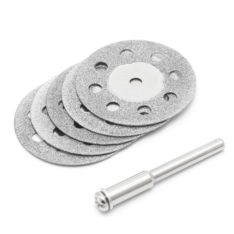 Bộ 5 Đĩa Cắt Mạ Kim Cương Nhân Tạo Sắc Bén Mini 20/25/30mm có lỗ Kèm Que Trục Gắn Đĩa