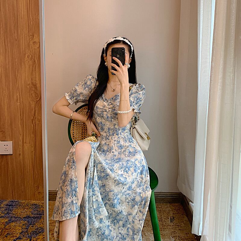Đầm Chữ A Tay Phồng Cổ Vuông Eo Cao In Họa Tiết Hoa Sơn Dầu Phong Cách Pháp Ngọt Ngào Dành Cho Nữ