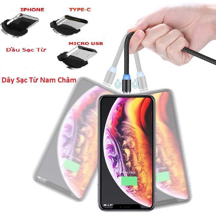 SHOP BÁN SIÊU RẺ Cáp sạc từ hút nam châm đầu Iphone | micro USB | Type C xoay 360 độ dây dù,có LED cao cấpGiá siêu tốt