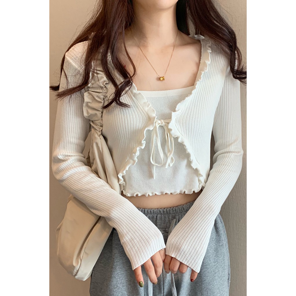 (ORDER) Áo cardigan buộc dây nơ trước ngực vạt sóng điệu đà giả áo len 2 mảnh (HÀNG_MỚI_VỀ)