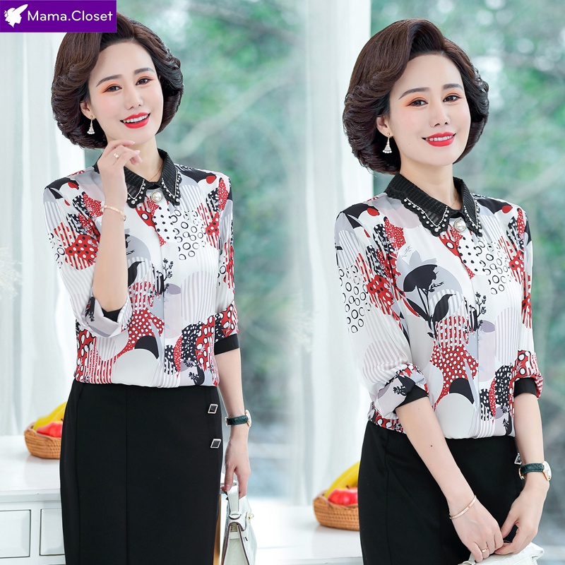#C6021 ÁO SƠ MI HỌA TIẾT THỜI TRANG, CỔ ĐÍNH ĐÁ THANH LỊCH SANG TRỌNG CHO MẸ, HÀNG THU ĐÔNG MỚI QUẢNG CHÂU HOT 2021