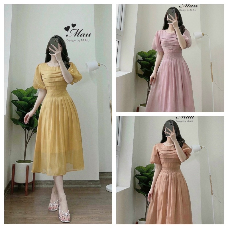 Váy tơ li eo tay bồng 3 màu