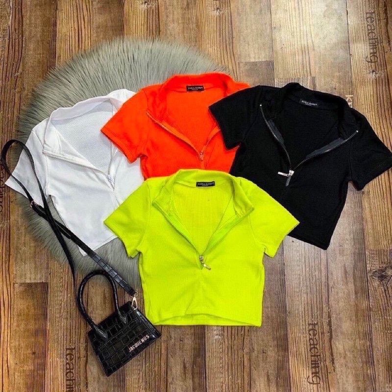 Áo croptop tay ngắn khoá kéo thun porip sịn sò
